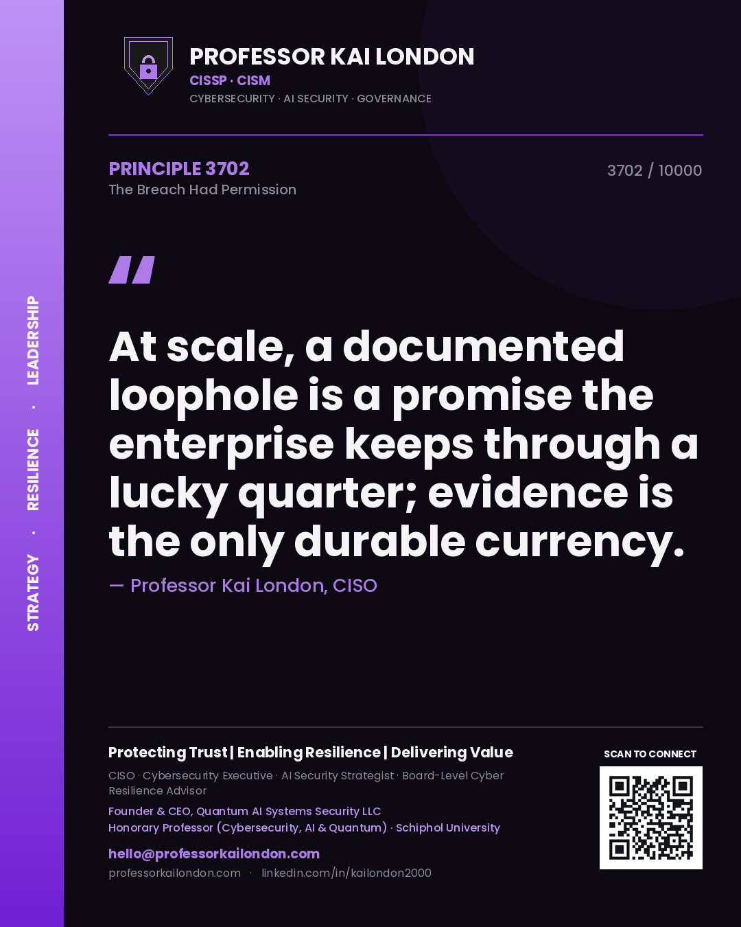 Quote card by Professor Kai London reading 'At scale, a documented loophole is a promise the enterprise keeps through a lucky quarter; evidence is the only durable currency.'. From the book The Breach Had Permission.