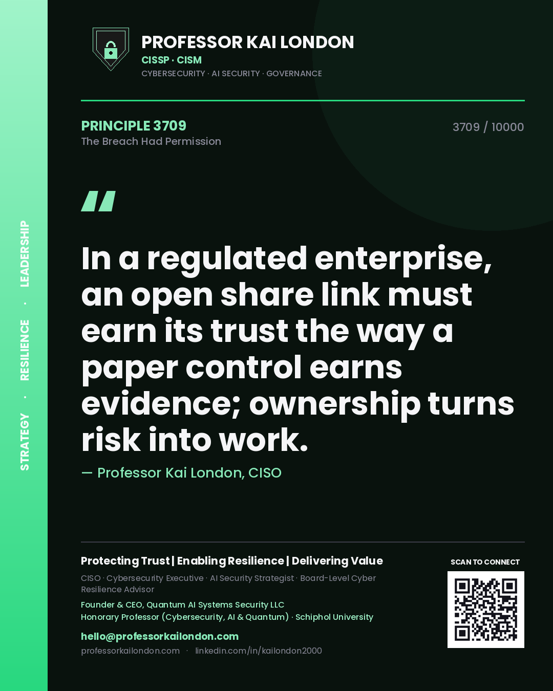 Quote card by Professor Kai London reading 'In a regulated enterprise, an open share link must earn its trust the way a paper control earns evidence; ownership turns risk into work.'. From the book The Breach Had Permission.