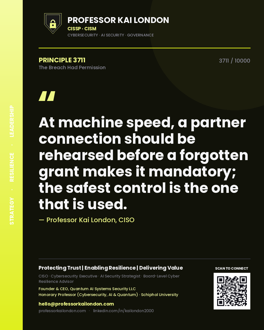 Quote card by Professor Kai London reading 'At machine speed, a partner connection should be rehearsed before a forgotten grant makes it mandatory; the safest control is the one that is used.'. From the book The Breach Had Permission.