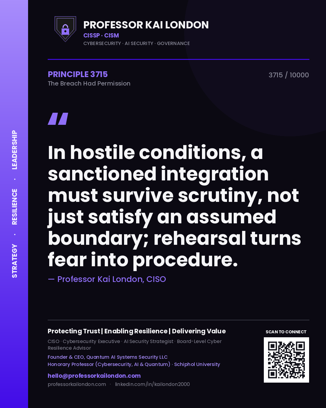 Professor Kai London principle 3715: In hostile conditions, a sanctioned integration must survive scrutiny, not just satisfy an assumed boundary; rehearsal turns fear into procedure.