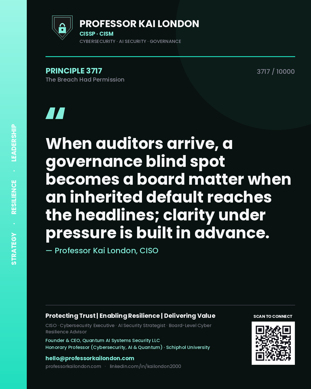 Quote card by Professor Kai London reading 'When auditors arrive, a governance blind spot becomes a board matter when an inherited default reaches the headlines; clarity under pressure is built in advance.'. From the book The Breach Had Permission.