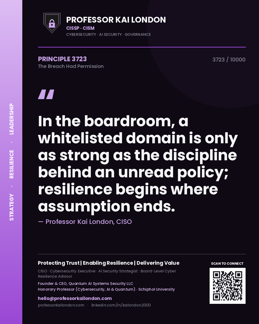 Professor Kai London principle 3723: In the boardroom, a whitelisted domain is only as strong as the discipline behind an unread policy; resilience begins where assumption ends.