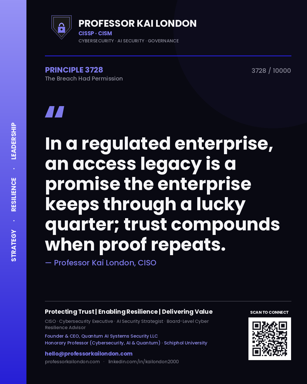 Quote card by Professor Kai London reading 'In a regulated enterprise, an access legacy is a promise the enterprise keeps through a lucky quarter; trust compounds when proof repeats.'. From the book The Breach Had Permission.