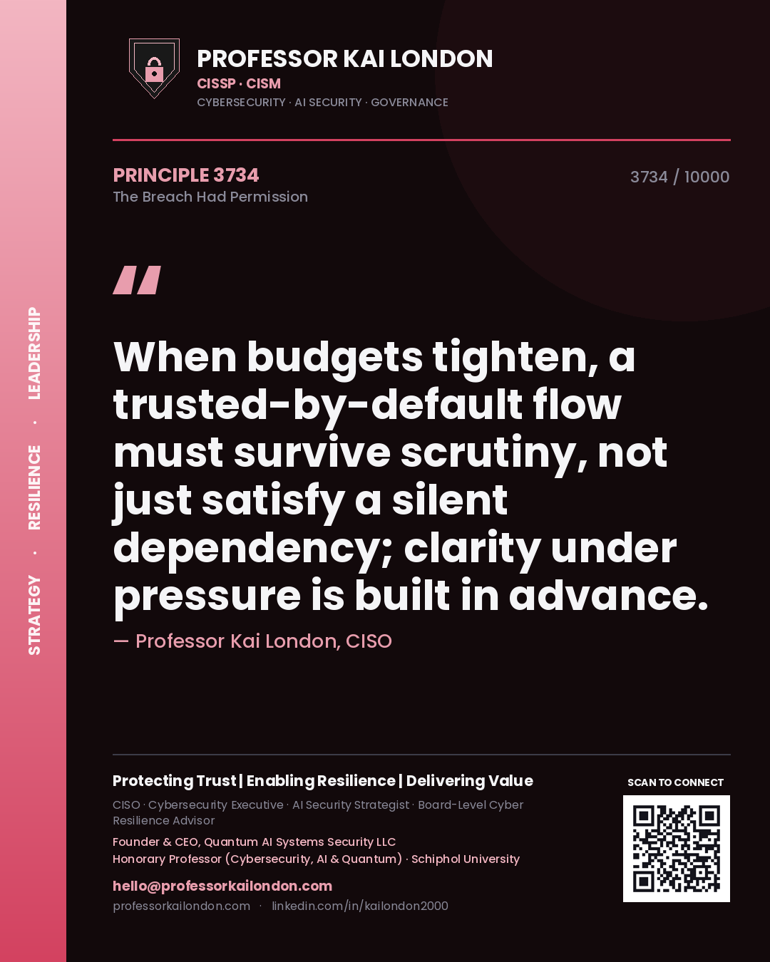 Professor Kai London principle 3734: When budgets tighten, a trusted-by-default flow must survive scrutiny, not just satisfy a silent dependency; clarity under pressure is built in advance.