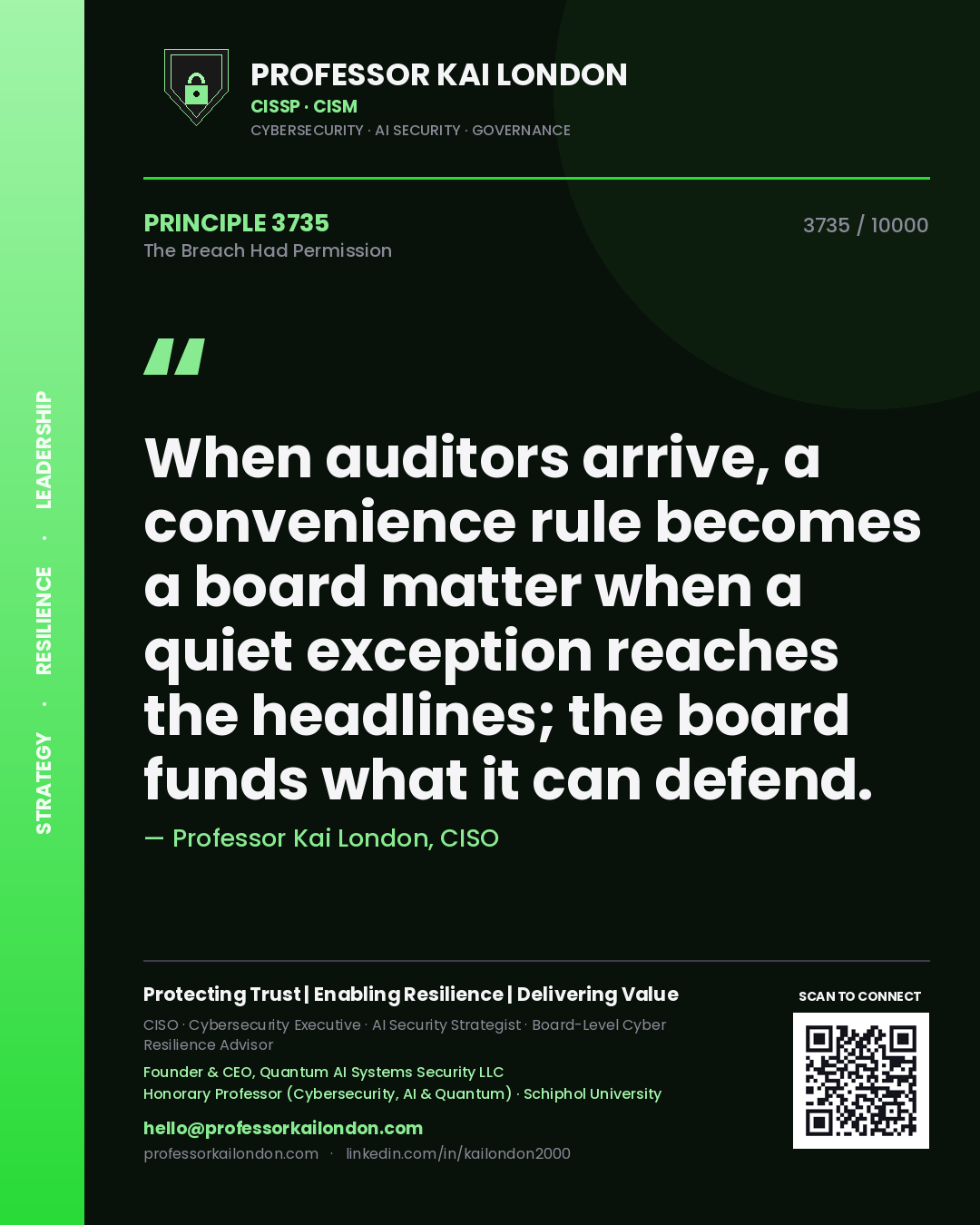 Professor Kai London principle 3735: When auditors arrive, a convenience rule becomes a board matter when a quiet exception reaches the headlines; the board funds what it can defend.