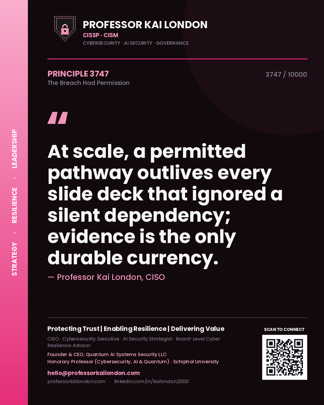 Quote card by Professor Kai London reading 'At scale, a permitted pathway outlives every slide deck that ignored a silent dependency; evidence is the only durable currency.'. From the book The Breach Had Permission.