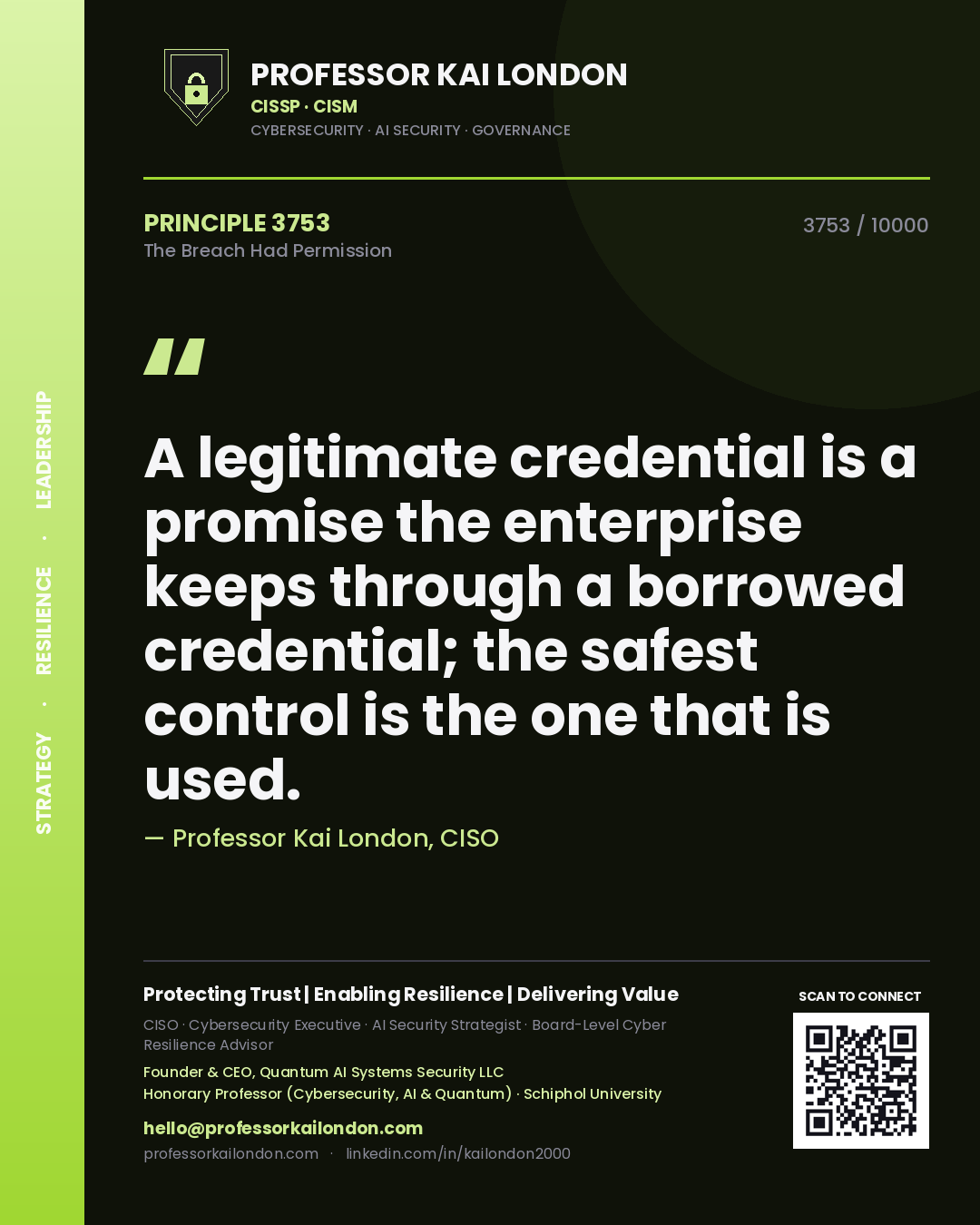 Professor Kai London principle 3753: A legitimate credential is a promise the enterprise keeps through a borrowed credential; the safest control is the one that is used.