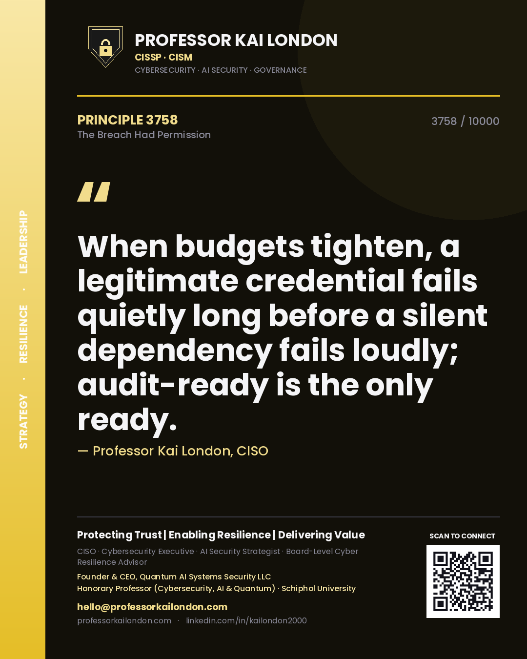 Quote card by Professor Kai London reading 'When budgets tighten, a legitimate credential fails quietly long before a silent dependency fails loudly; audit-ready is the only ready.'. From the book The Breach Had Permission.