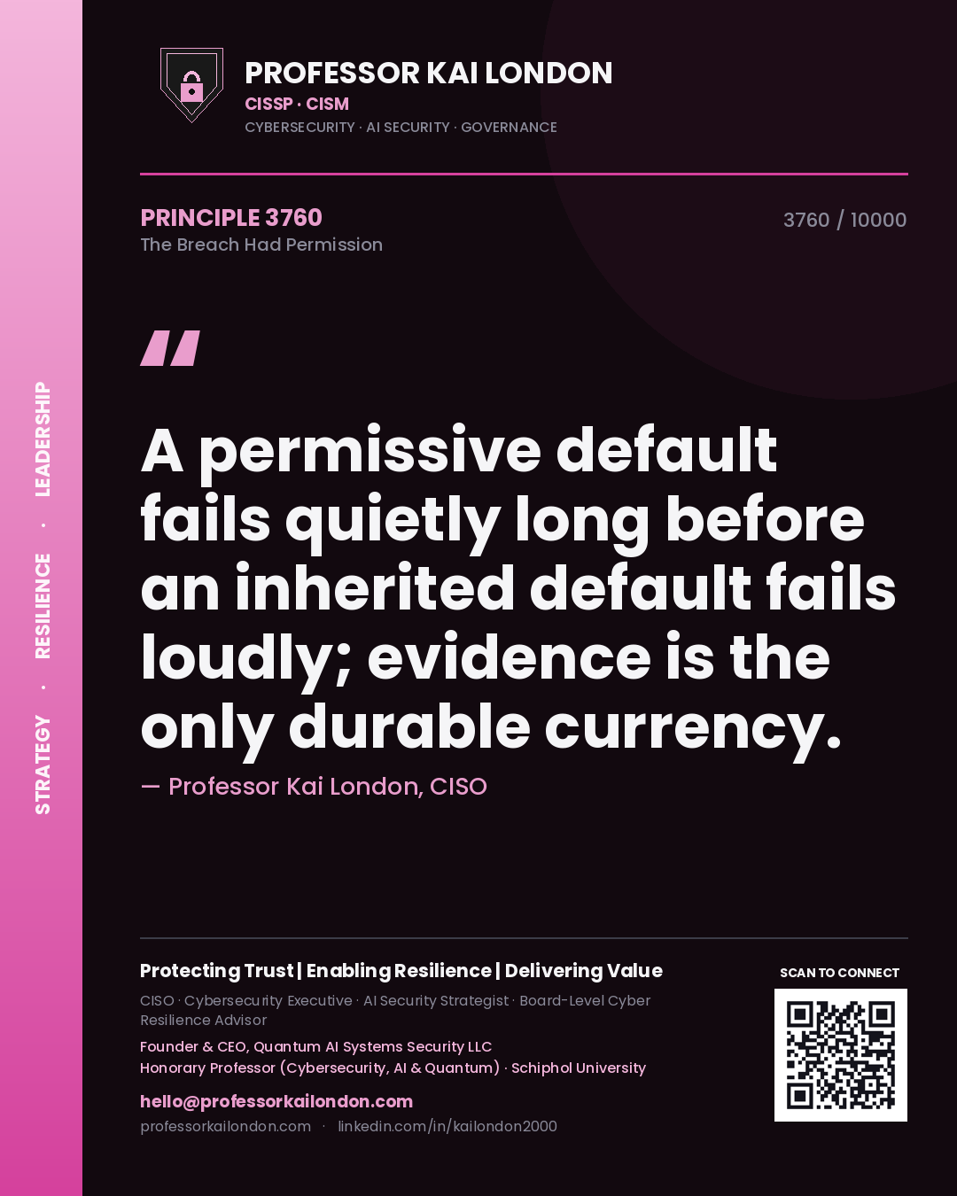 Professor Kai London principle 3760: A permissive default fails quietly long before an inherited default fails loudly; evidence is the only durable currency.