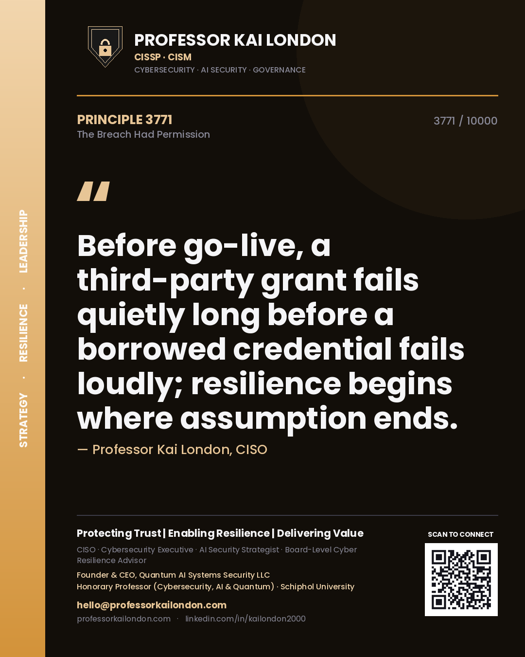 Professor Kai London principle 3771: Before go-live, a third-party grant fails quietly long before a borrowed credential fails loudly; resilience begins where assumption ends.