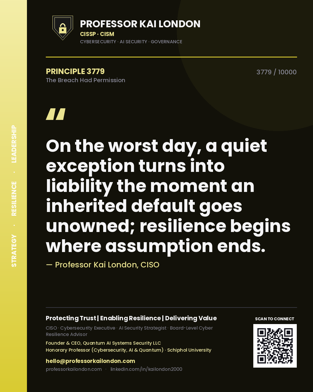 Quote card by Professor Kai London reading 'On the worst day, a quiet exception turns into liability the moment an inherited default goes unowned; resilience begins where assumption ends.'. From the book The Breach Had Permission.