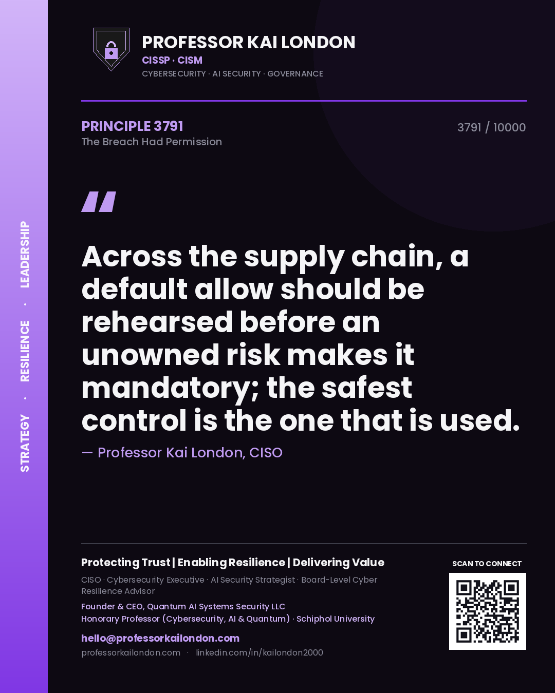 Professor Kai London principle 3791: Across the supply chain, a default allow should be rehearsed before an unowned risk makes it mandatory; the safest control is the one that is used.
