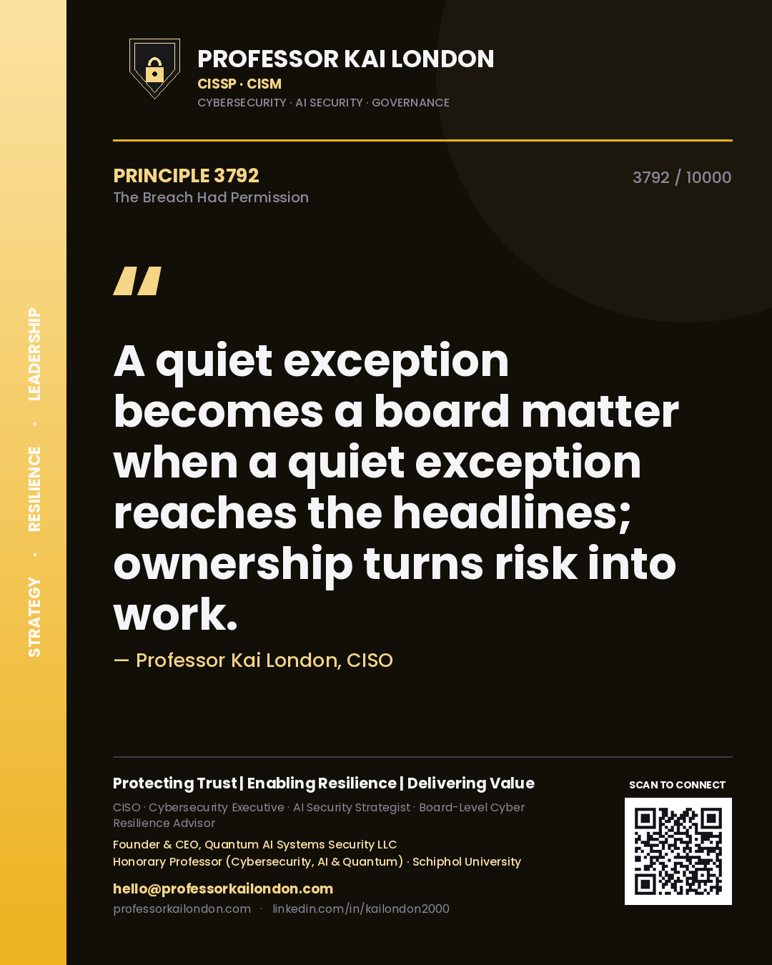 Professor Kai London principle 3792: A quiet exception becomes a board matter when a quiet exception reaches the headlines; ownership turns risk into work.