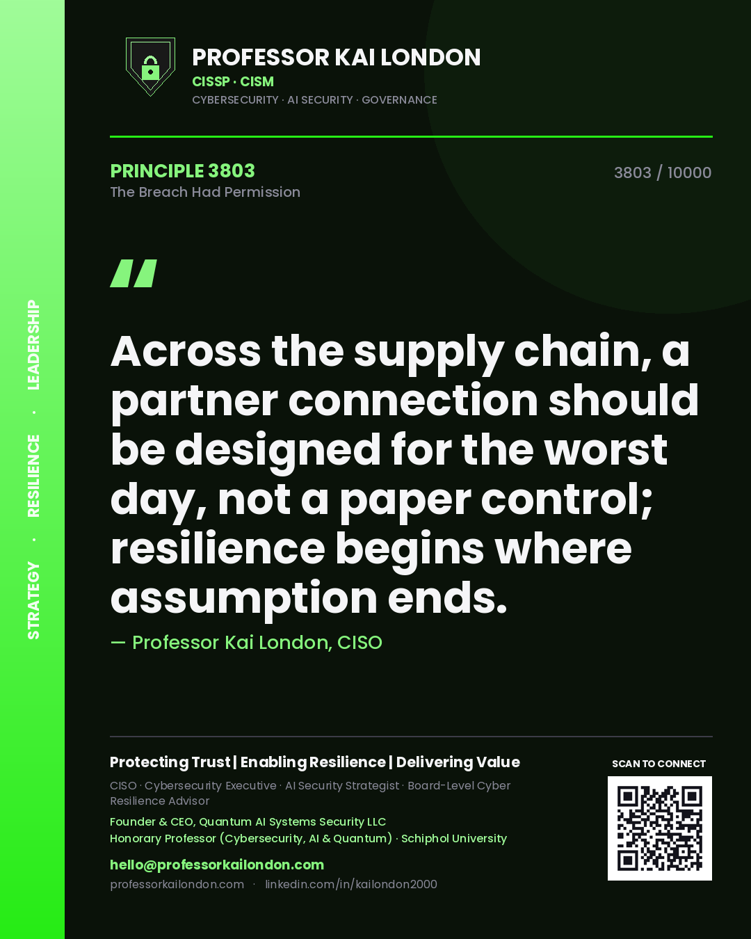 Quote card by Professor Kai London reading 'Across the supply chain, a partner connection should be designed for the worst day, not a paper control; resilience begins where assumption ends.'. From the book The Breach Had Permission.