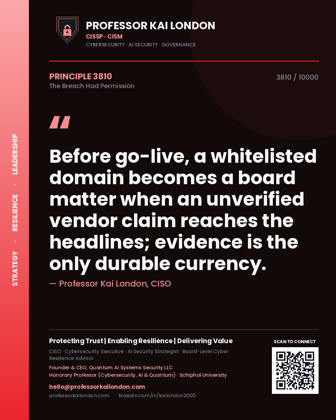Quote card by Professor Kai London reading 'Before go-live, a whitelisted domain becomes a board matter when an unverified vendor claim reaches the headlines; evidence is the only durable currency.'. From the book The Breach Had Permission.