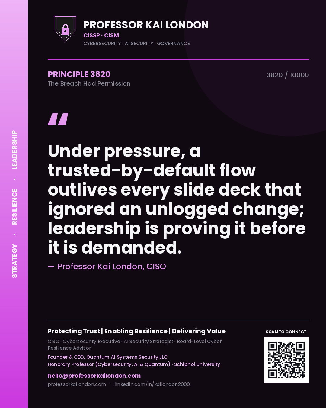 Quote card by Professor Kai London reading 'Under pressure, a trusted-by-default flow outlives every slide deck that ignored an unlogged change; leadership is proving it before it is demanded.'. From the book The Breach Had Permission.