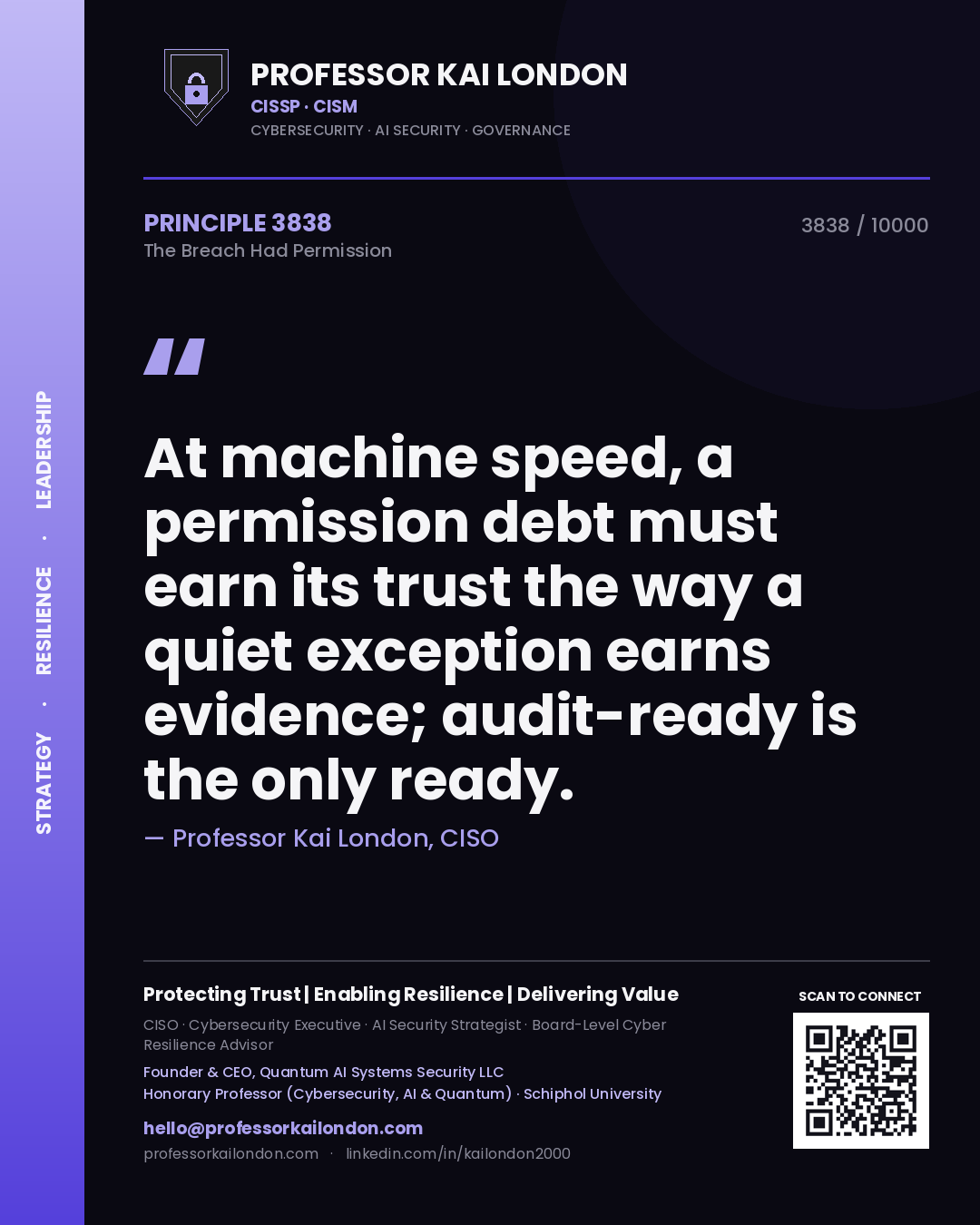 Quote card by Professor Kai London reading 'At machine speed, a permission debt must earn its trust the way a quiet exception earns evidence; audit-ready is the only ready.'. From the book The Breach Had Permission.