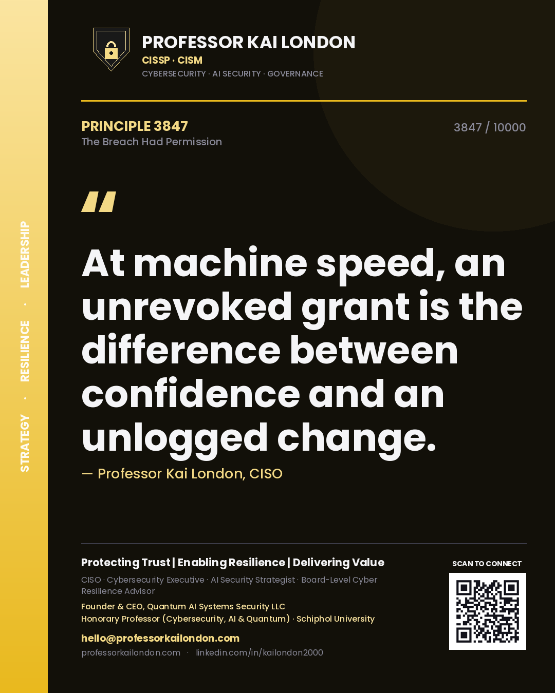 Quote card by Professor Kai London reading 'At machine speed, an unrevoked grant is the difference between confidence and an unlogged change.'. From the book The Breach Had Permission.