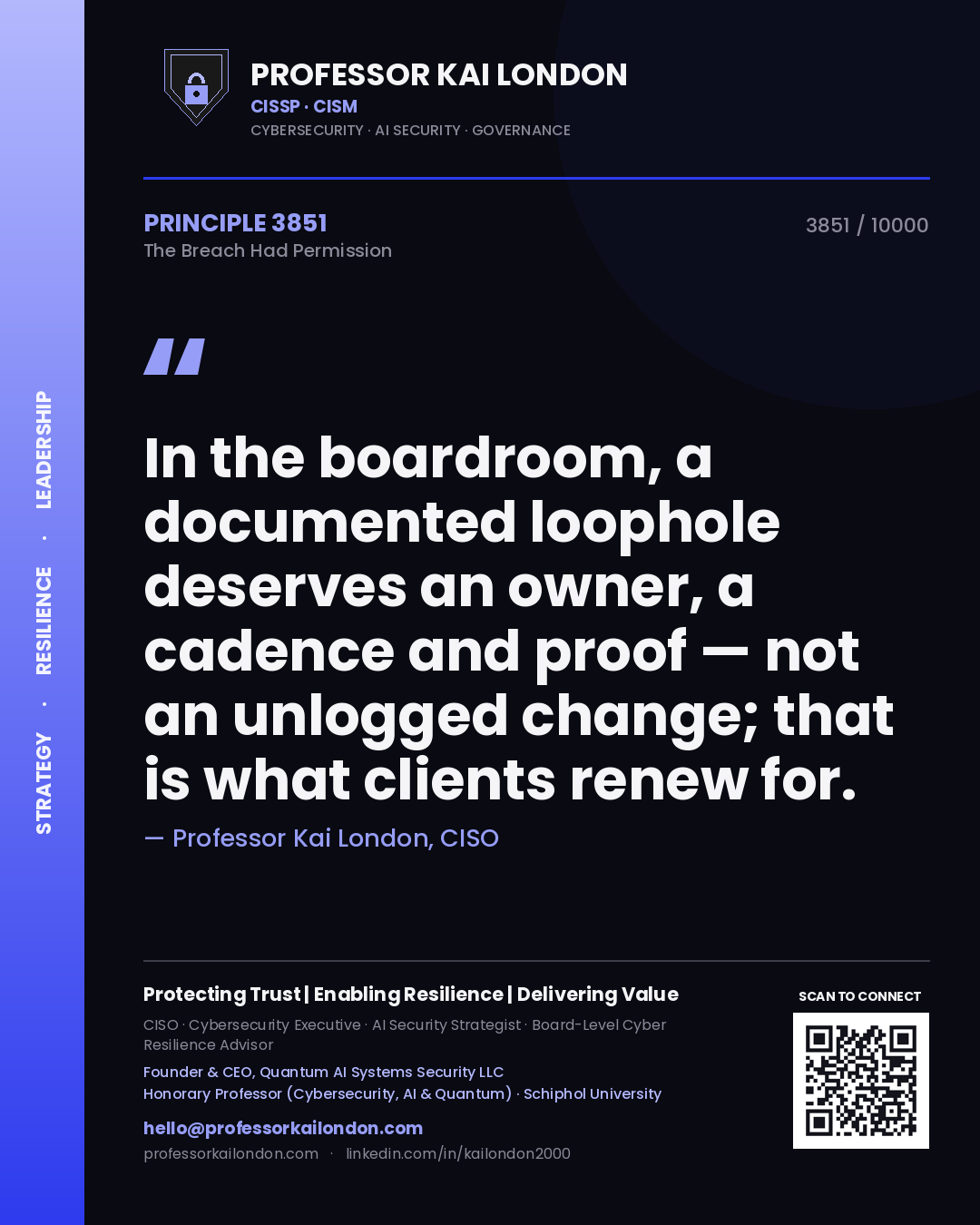 Quote card by Professor Kai London reading 'In the boardroom, a documented loophole deserves an owner, a cadence and proof — not an unlogged change; that is what clients renew for.'. From the book The Breach Had Permission.