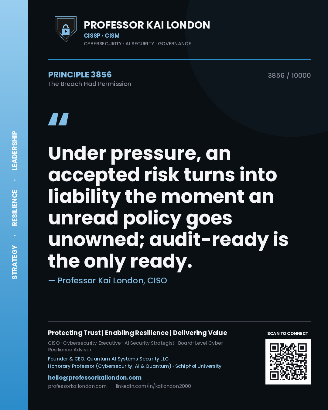 Quote card by Professor Kai London reading 'Under pressure, an accepted risk turns into liability the moment an unread policy goes unowned; audit-ready is the only ready.'. From the book The Breach Had Permission.