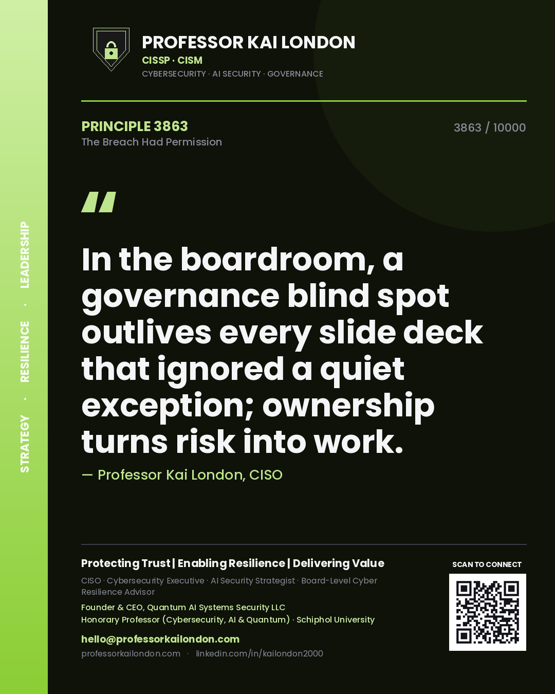 Quote card by Professor Kai London reading 'In the boardroom, a governance blind spot outlives every slide deck that ignored a quiet exception; ownership turns risk into work.'. From the book The Breach Had Permission.