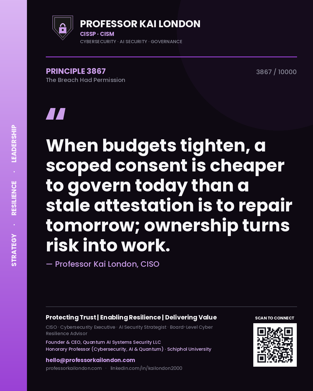 Quote card by Professor Kai London reading 'When budgets tighten, a scoped consent is cheaper to govern today than a stale attestation is to repair tomorrow; ownership turns risk into work.'. From the book The Breach Had Permission.