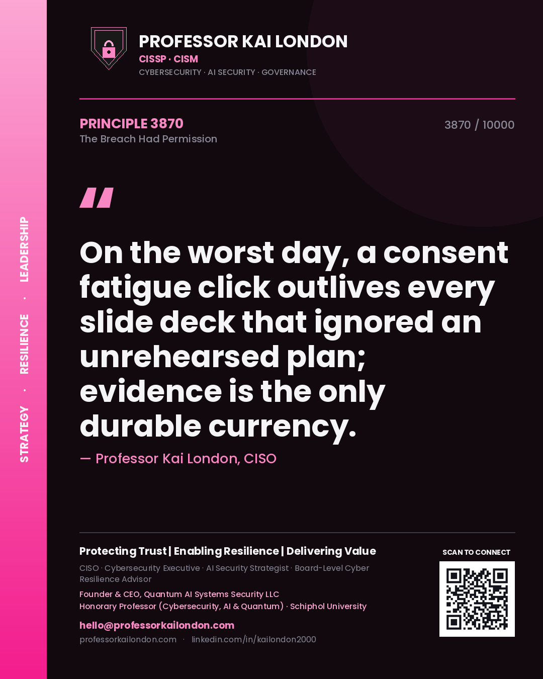 Quote card by Professor Kai London reading 'On the worst day, a consent fatigue click outlives every slide deck that ignored an unrehearsed plan; evidence is the only durable currency.'. From the book The Breach Had Permission.
