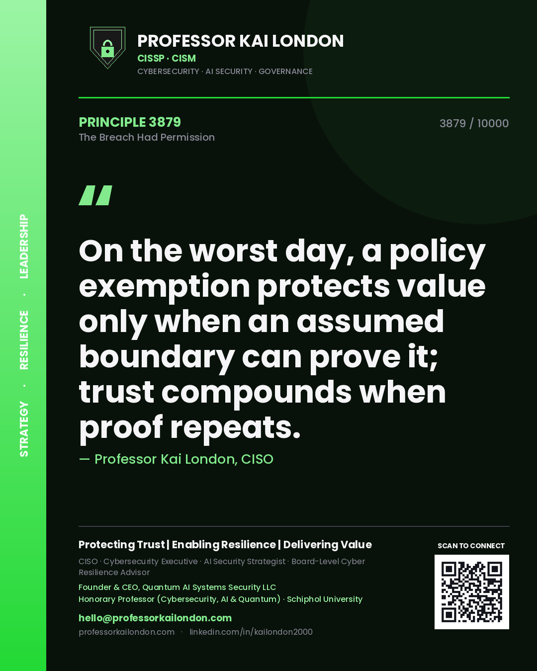 Professor Kai London principle 3879: On the worst day, a policy exemption protects value only when an assumed boundary can prove it; trust compounds when proof repeats.