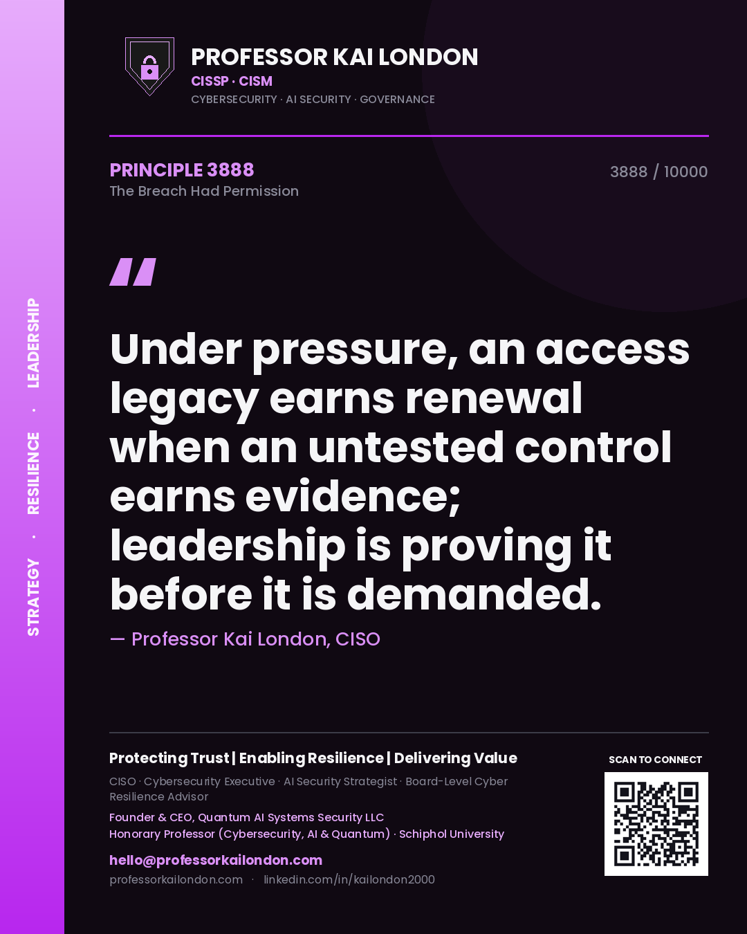 Quote card by Professor Kai London reading 'Under pressure, an access legacy earns renewal when an untested control earns evidence; leadership is proving it before it is demanded.'. From the book The Breach Had Permission.