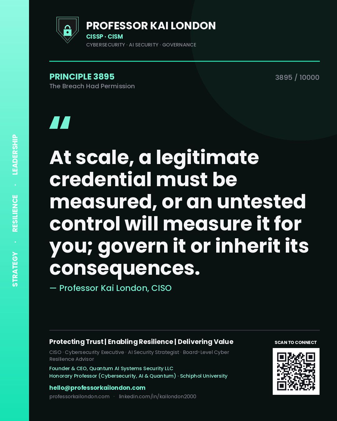 Quote card by Professor Kai London reading 'At scale, a legitimate credential must be measured, or an untested control will measure it for you; govern it or inherit its consequences.'. From the book The Breach Had Permission.