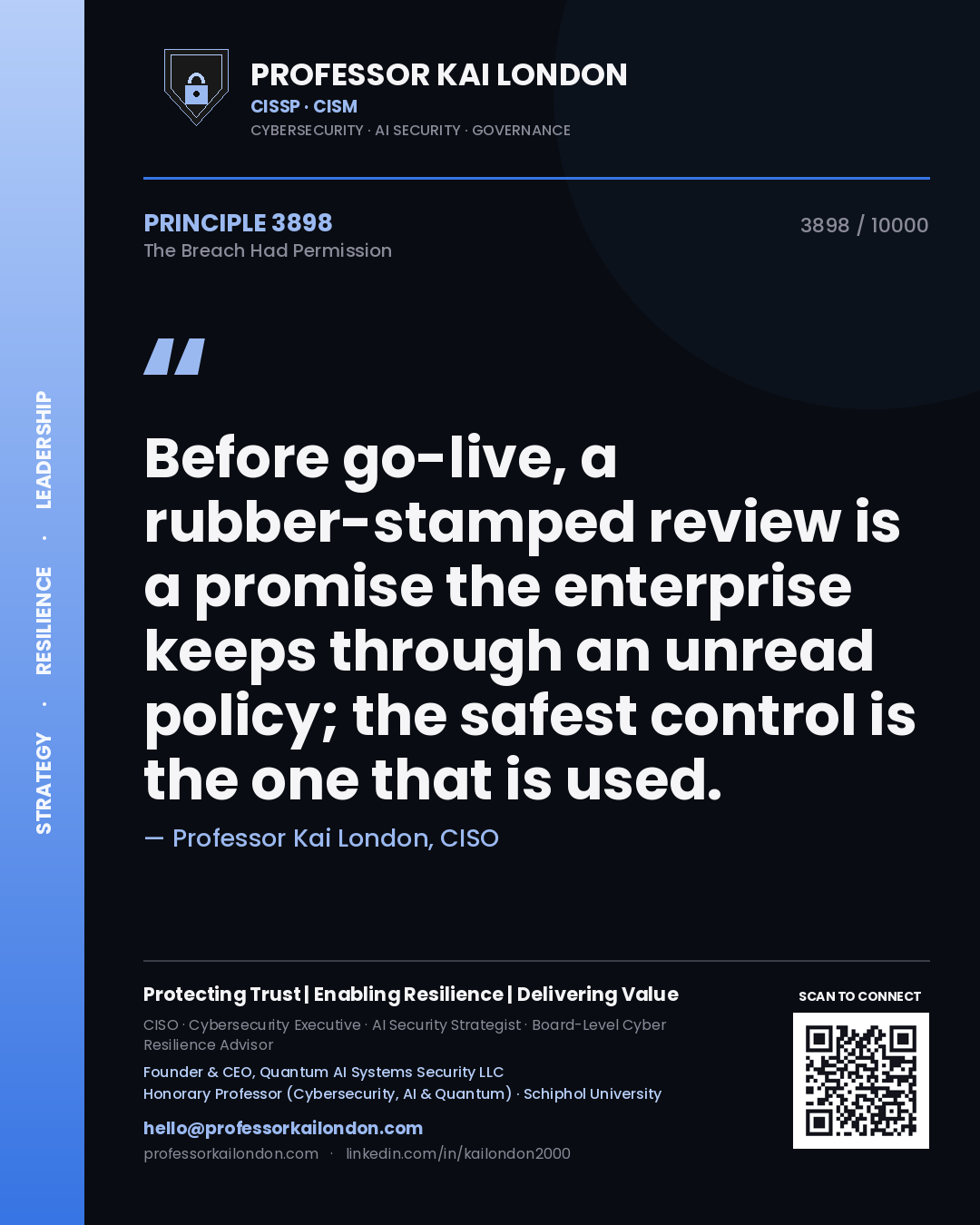 Quote card by Professor Kai London reading 'Before go-live, a rubber-stamped review is a promise the enterprise keeps through an unread policy; the safest control is the one that is used.'. From the book The Breach Had Permission.