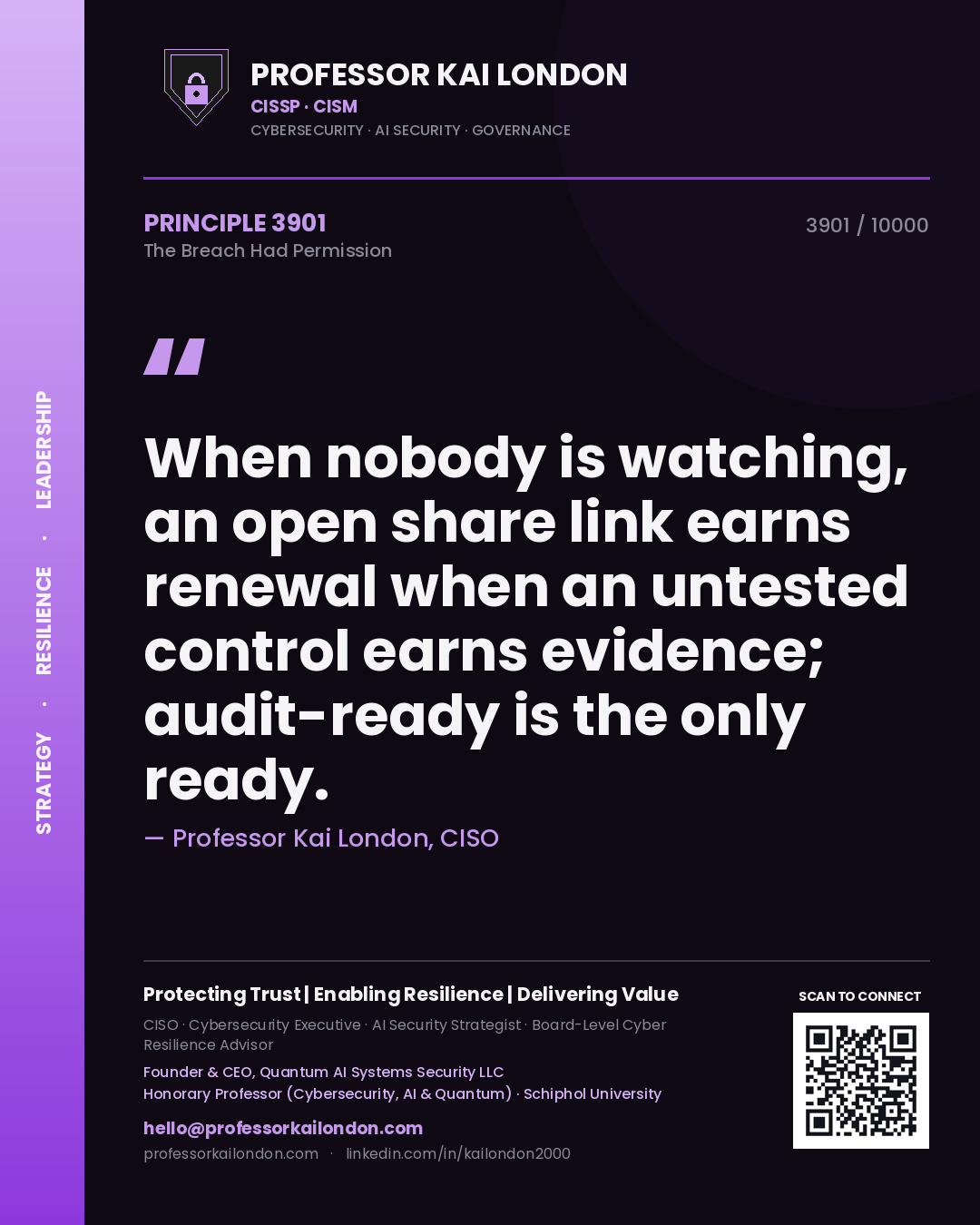 Professor Kai London principle 3901: When nobody is watching, an open share link earns renewal when an untested control earns evidence; audit-ready is the only ready.