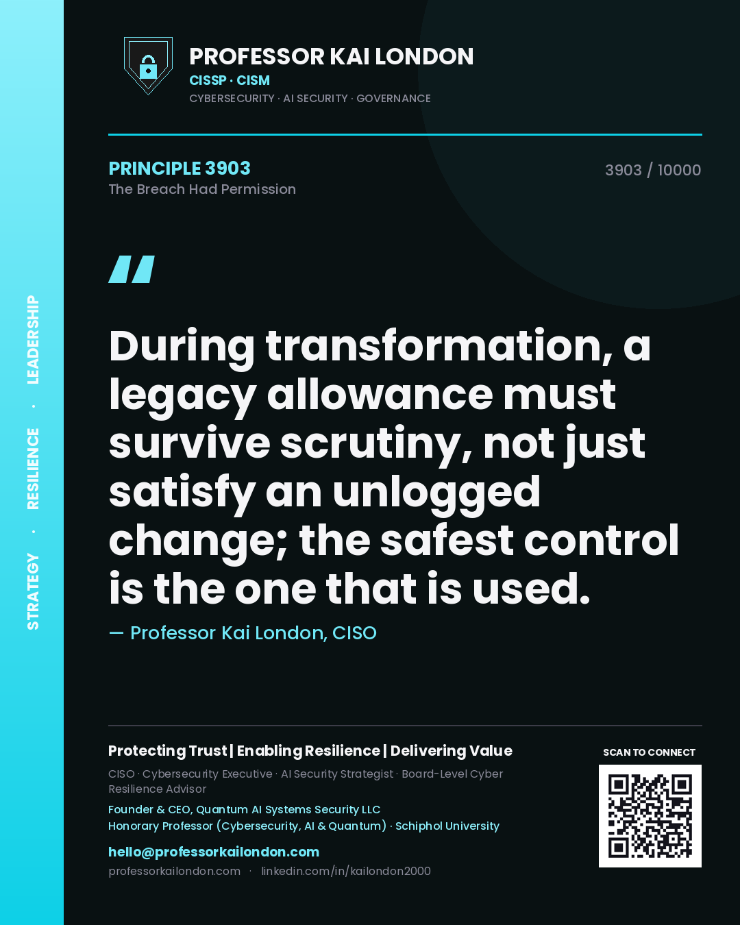 Professor Kai London principle 3903: During transformation, a legacy allowance must survive scrutiny, not just satisfy an unlogged change; the safest control is the one that is used.