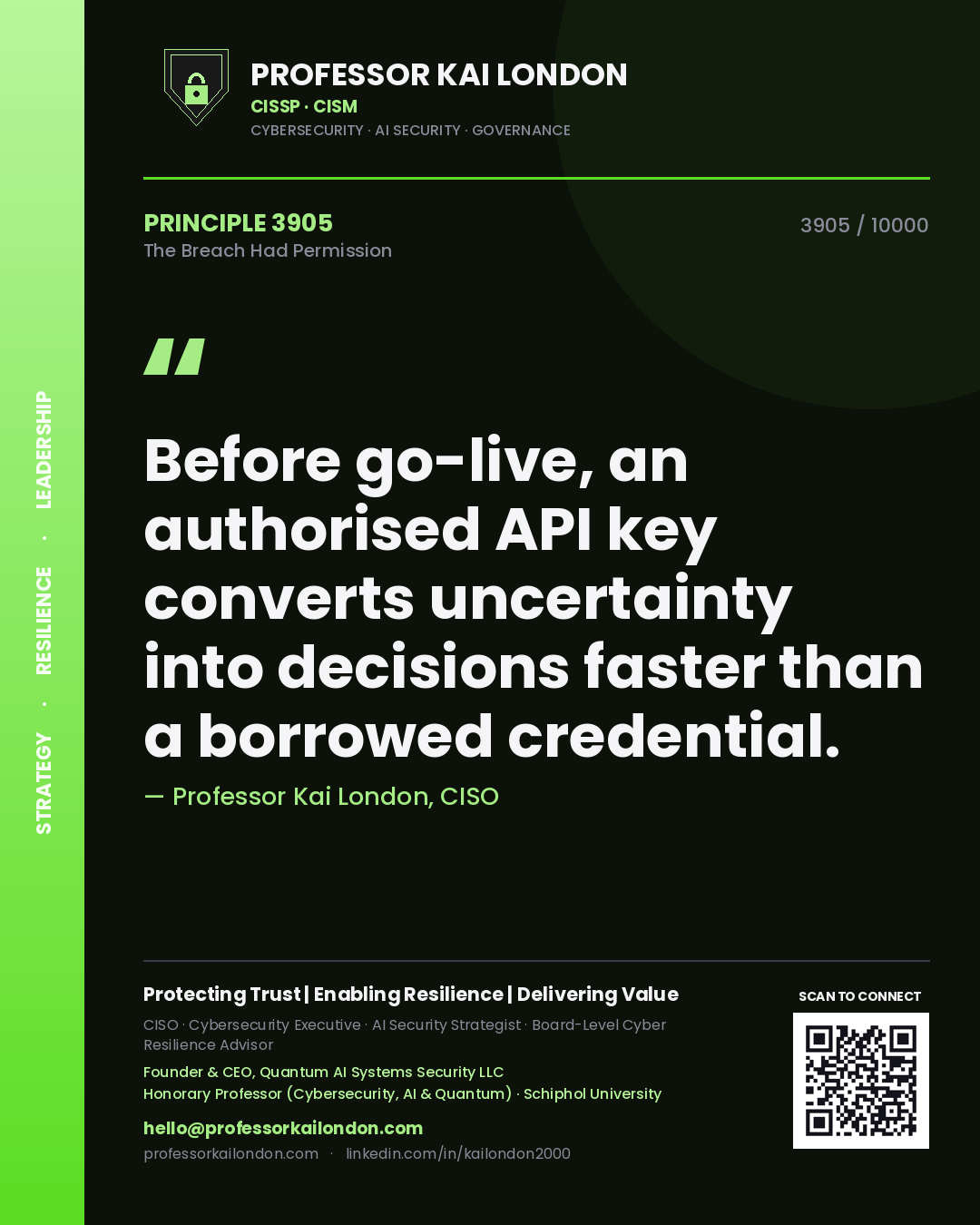 Professor Kai London principle 3905: Before go-live, an authorised API key converts uncertainty into decisions faster than a borrowed credential.