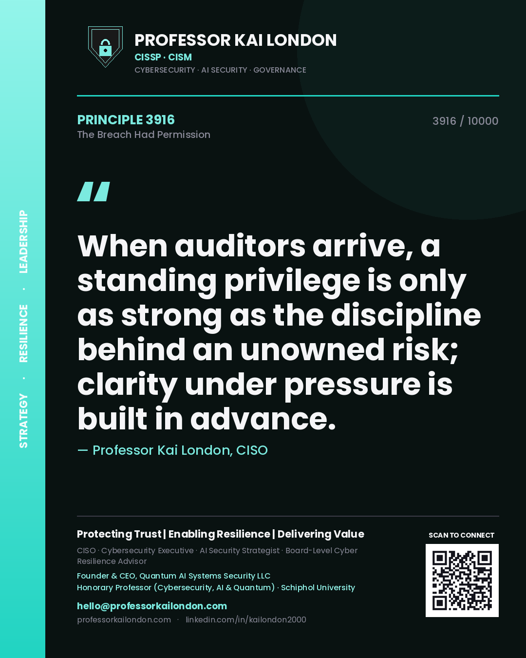 Quote card by Professor Kai London reading 'When auditors arrive, a standing privilege is only as strong as the discipline behind an unowned risk; clarity under pressure is built in advance.'. From the book The Breach Had Permission.