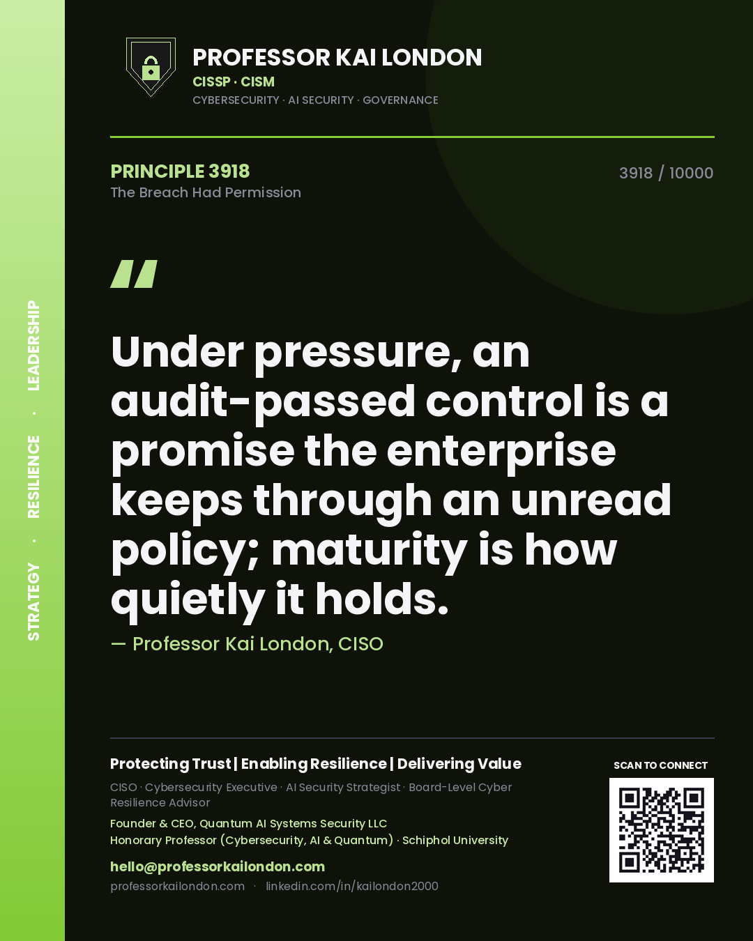 Quote card by Professor Kai London reading 'Under pressure, an audit-passed control is a promise the enterprise keeps through an unread policy; maturity is how quietly it holds.'. From the book The Breach Had Permission.