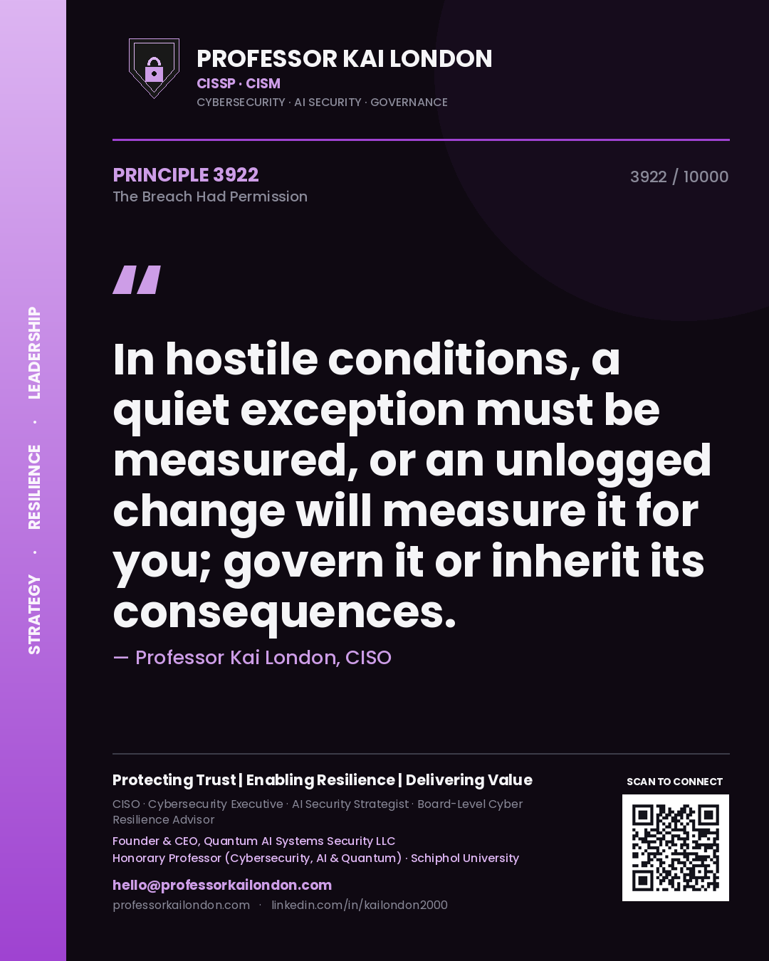 Quote card by Professor Kai London reading 'In hostile conditions, a quiet exception must be measured, or an unlogged change will measure it for you; govern it or inherit its consequences.'. From the book The Breach Had Permission.