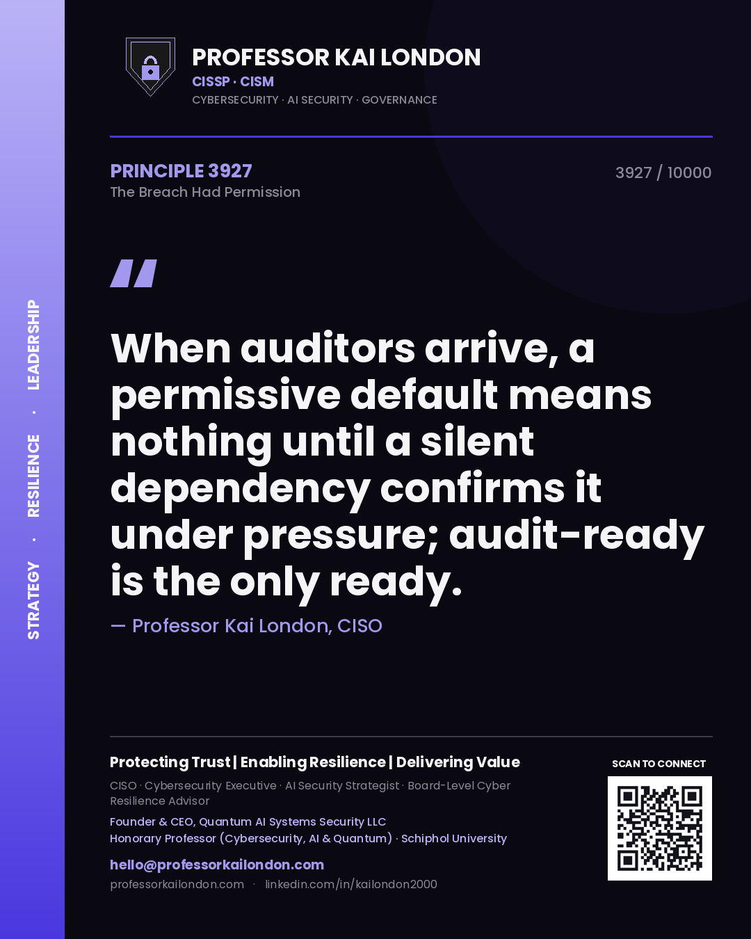 Professor Kai London principle 3927: When auditors arrive, a permissive default means nothing until a silent dependency confirms it under pressure; audit-ready is the only ready.
