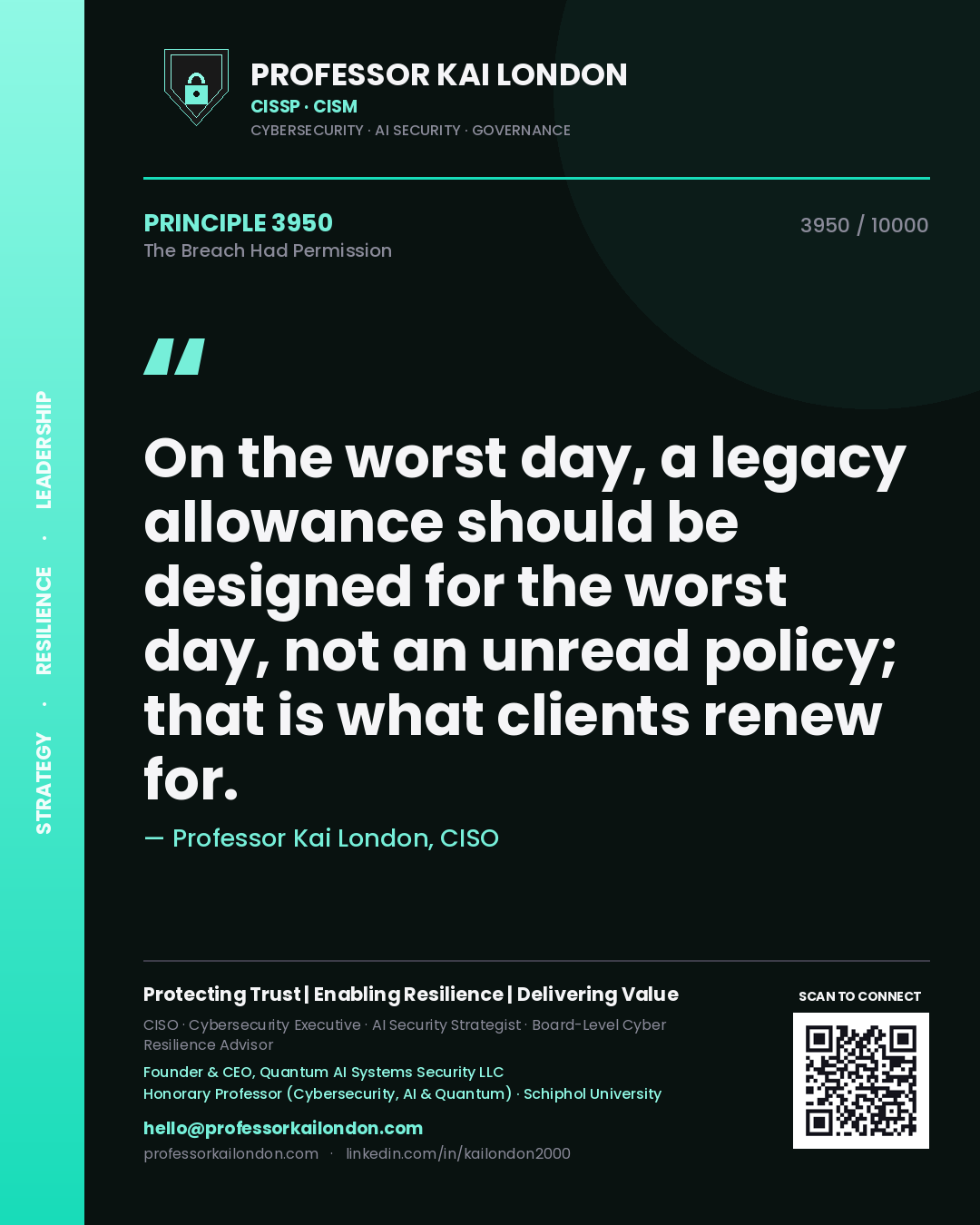 Quote card by Professor Kai London reading 'On the worst day, a legacy allowance should be designed for the worst day, not an unread policy; that is what clients renew for.'. From the book The Breach Had Permission.