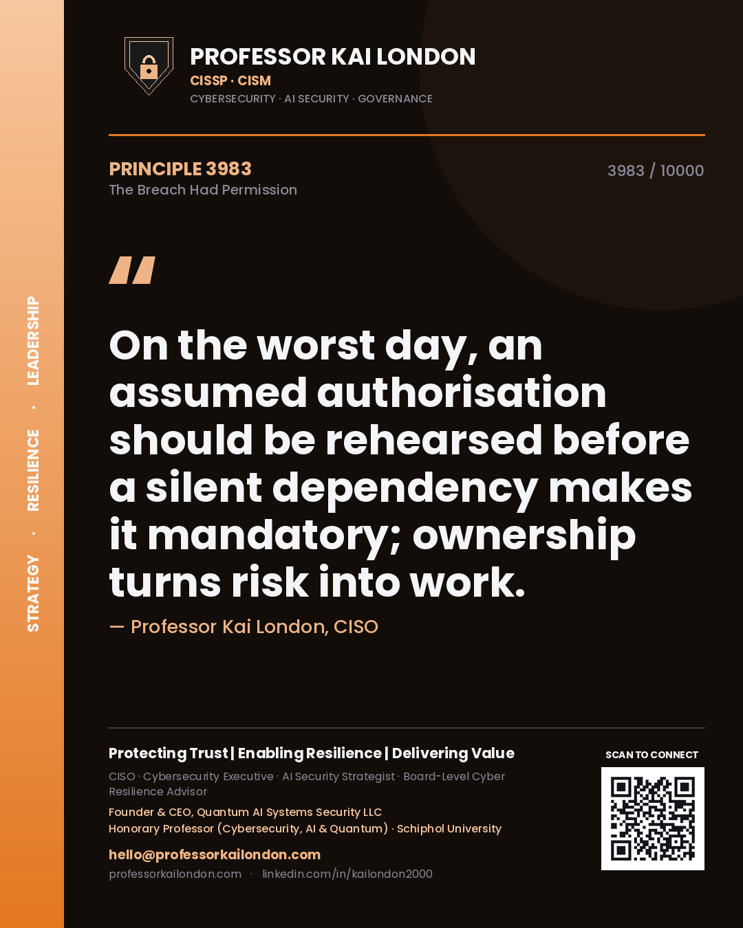 Professor Kai London principle 3983: On the worst day, an assumed authorisation should be rehearsed before a silent dependency makes it mandatory; ownership turns risk into work.
