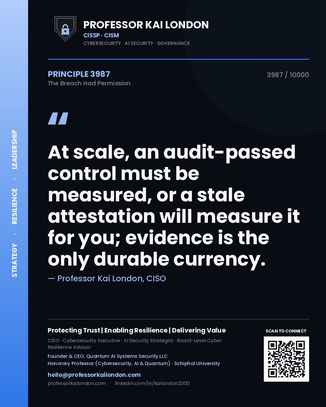 Quote card by Professor Kai London reading 'At scale, an audit-passed control must be measured, or a stale attestation will measure it for you; evidence is the only durable currency.'. From the book The Breach Had Permission.