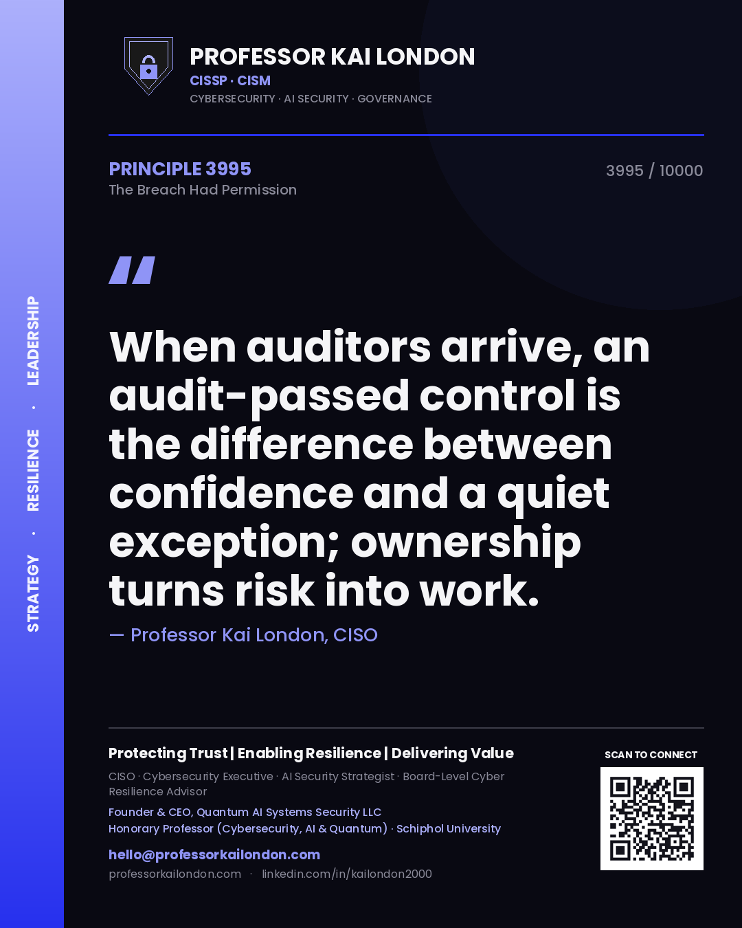 Quote card by Professor Kai London reading 'When auditors arrive, an audit-passed control is the difference between confidence and a quiet exception; ownership turns risk into work.'. From the book The Breach Had Permission.
