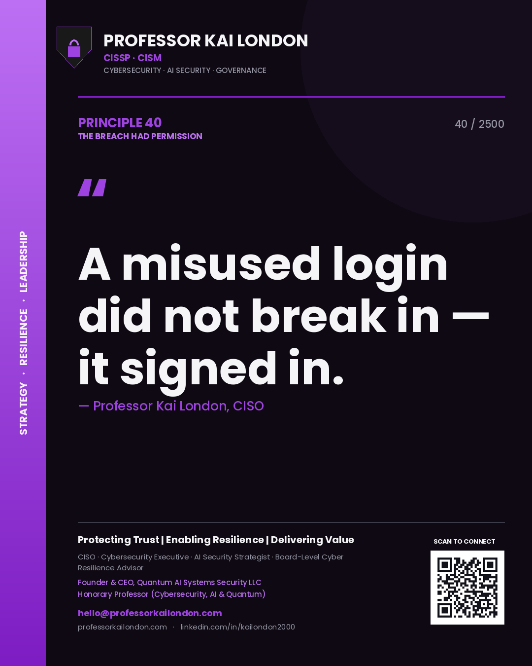 Quote card by Professor Kai London reading 'A misused login did not break in — it signed in.'. From the book The Breach Had Permission.