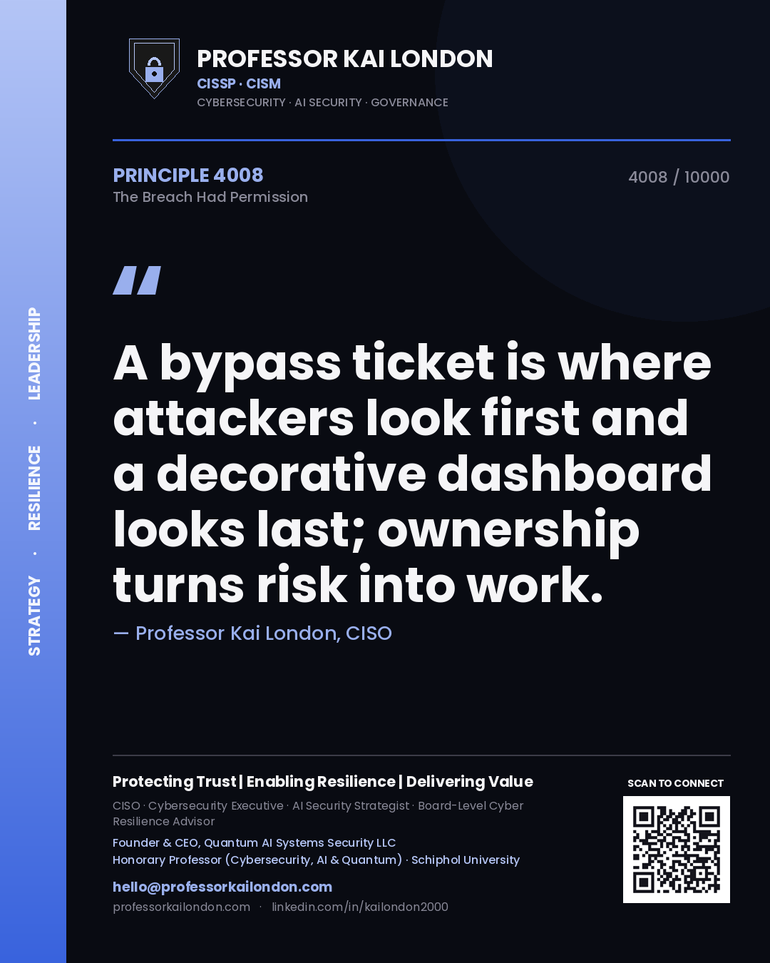 Quote card by Professor Kai London reading 'A bypass ticket is where attackers look first and a decorative dashboard looks last; ownership turns risk into work.'. From the book The Breach Had Permission.