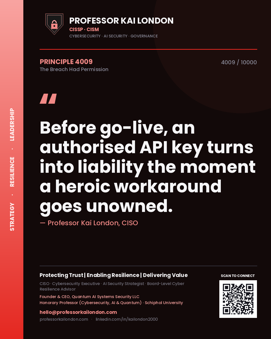 Quote card by Professor Kai London reading 'Before go-live, an authorised API key turns into liability the moment a heroic workaround goes unowned.'. From the book The Breach Had Permission.