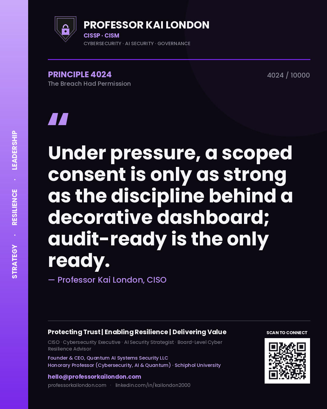 Quote card by Professor Kai London reading 'Under pressure, a scoped consent is only as strong as the discipline behind a decorative dashboard; audit-ready is the only ready.'. From the book The Breach Had Permission.