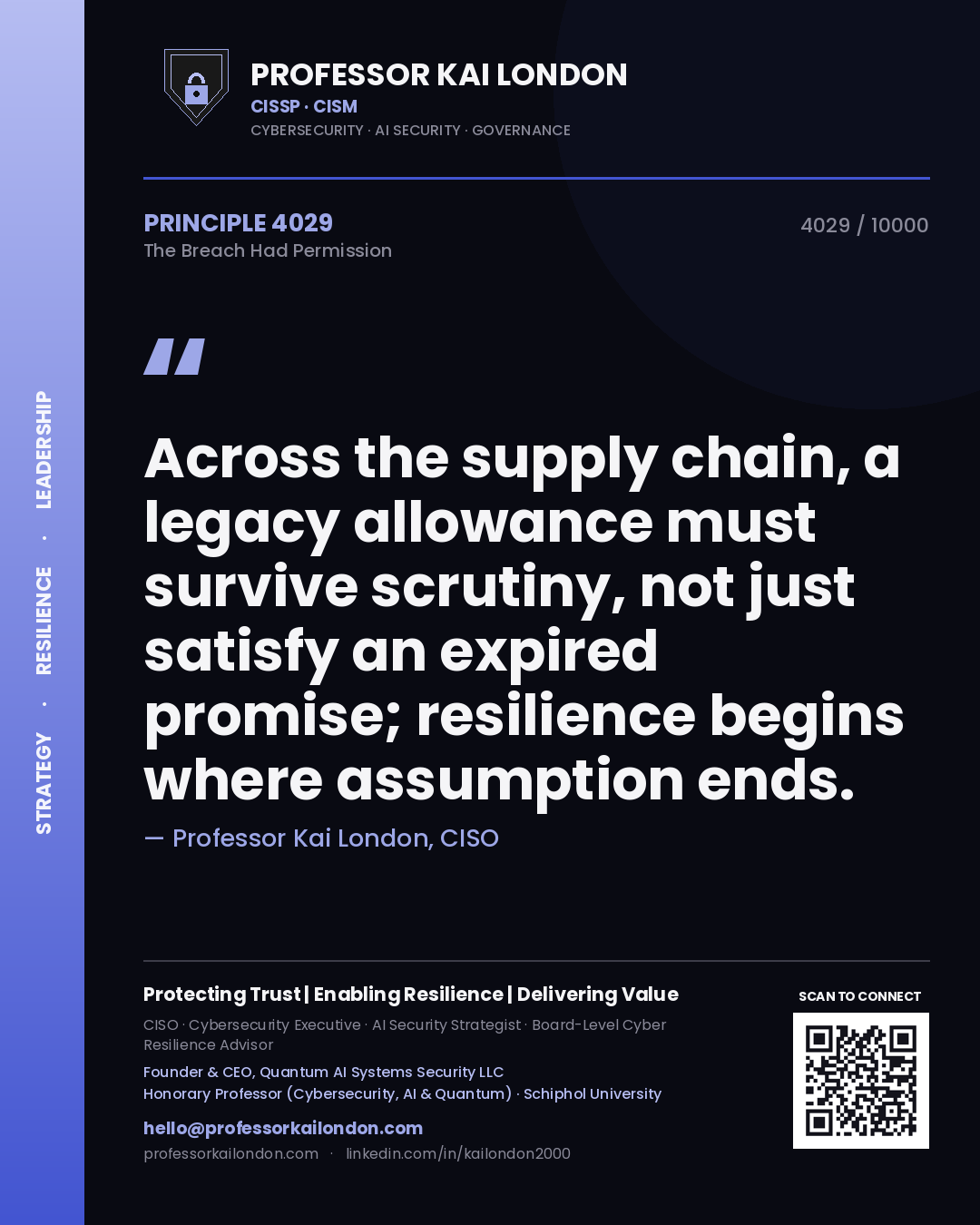 Quote card by Professor Kai London reading 'Across the supply chain, a legacy allowance must survive scrutiny, not just satisfy an expired promise; resilience begins where assumption ends.'. From the book The Breach Had Permission.