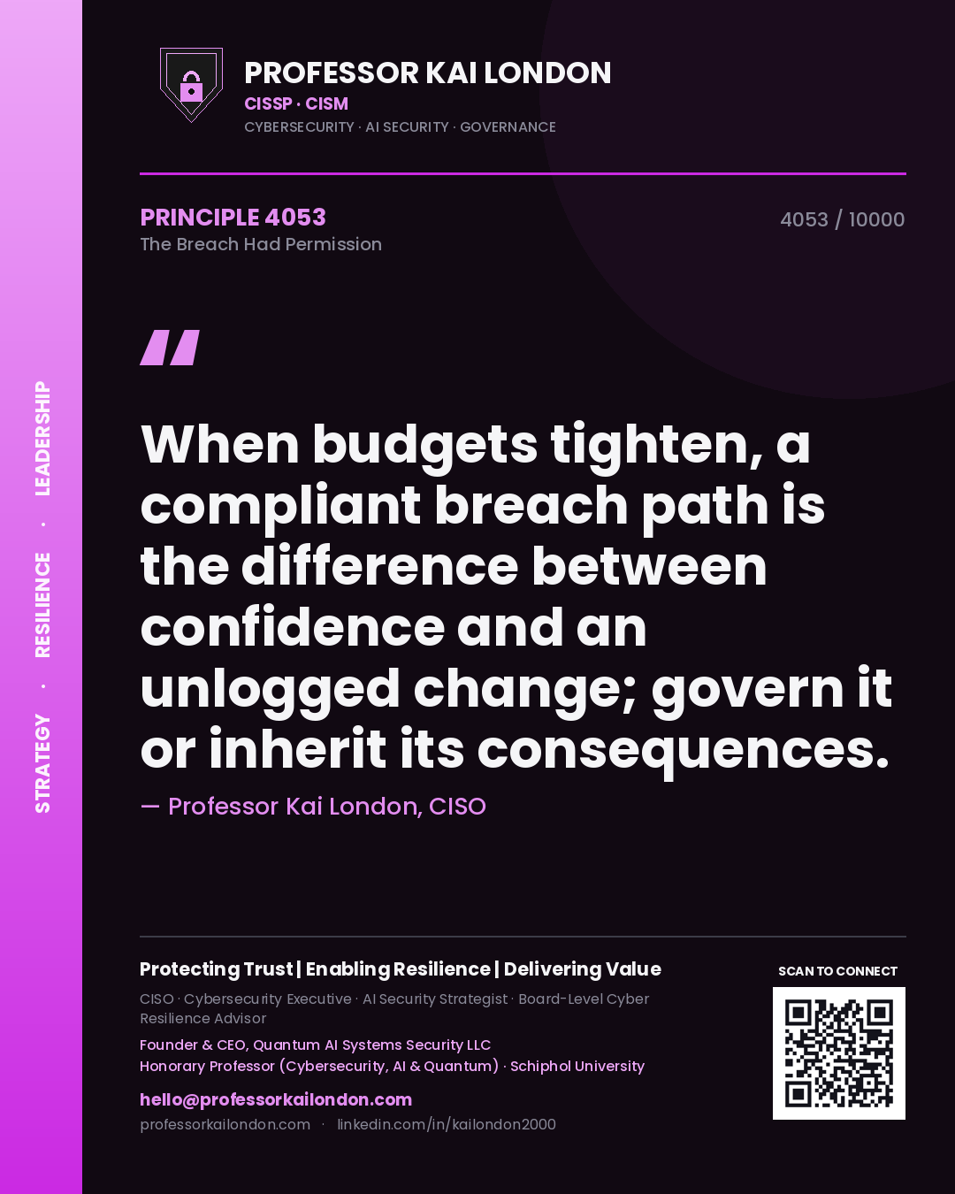 Quote card by Professor Kai London reading 'When budgets tighten, a compliant breach path is the difference between confidence and an unlogged change; govern it or inherit its consequences.'. From the book The Breach Had Permission.