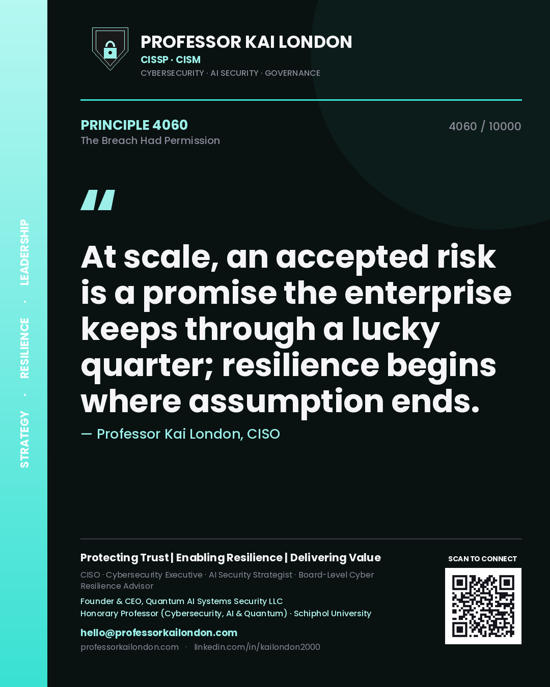 Quote card by Professor Kai London reading 'At scale, an accepted risk is a promise the enterprise keeps through a lucky quarter; resilience begins where assumption ends.'. From the book The Breach Had Permission.