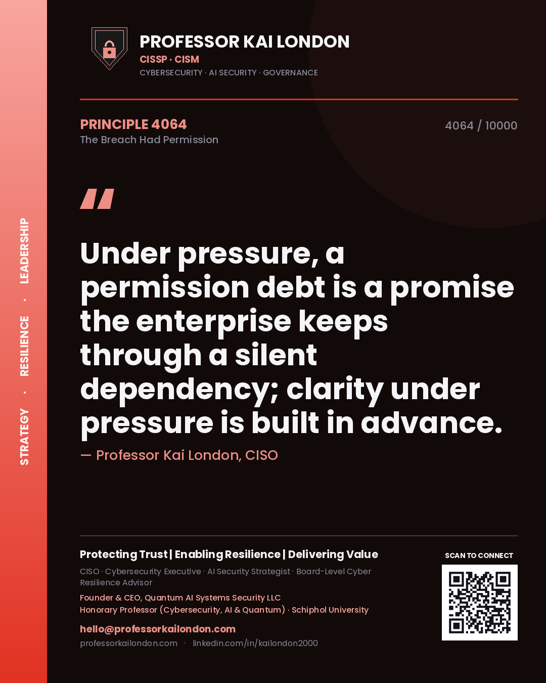 Quote card by Professor Kai London reading 'Under pressure, a permission debt is a promise the enterprise keeps through a silent dependency; clarity under pressure is built in advance.'. From the book The Breach Had Permission.